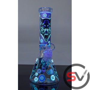 GEARED WOLF GLASS BEAKER WATER PIPE 10inch (GLOW IN DARK)